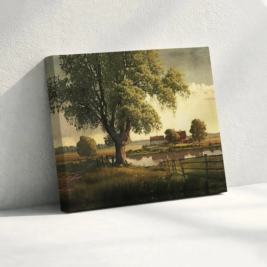 Rustic Countryside Canvas Wall Art | Serene Pastoral Landscape Painting | Premium Gallery Wrapped Canvas | Farmhouse Living Room Decor Gift