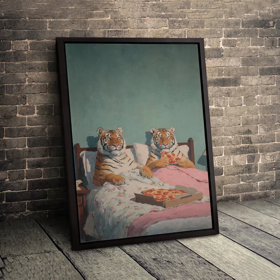 Tigers Eating Pizza In Bed Canvas Wall Art | Whimsical Animal Portrait | Gallery-Quality Fade-Resistant Print | Funny Bedroom Decor Gift