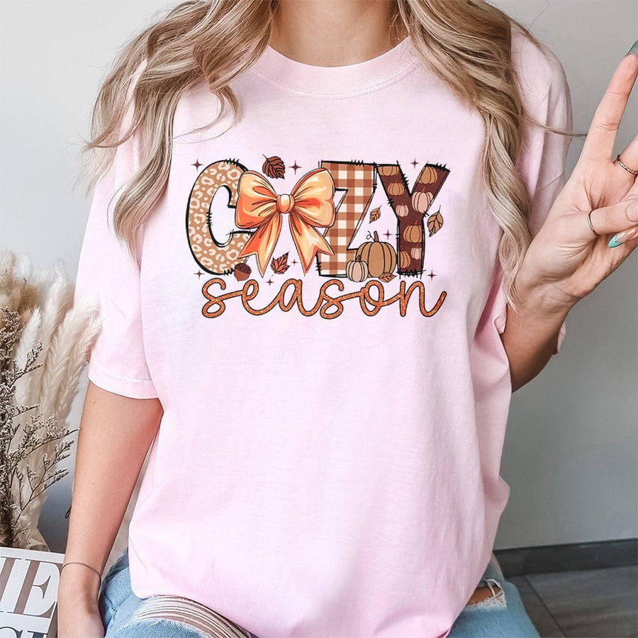 Cozy Season T-Shirt | Fall Pumpkin Aesthetic Graphic Tee | 100% Cotton Premium Comfort | Cute Thanksgiving Bow Outfit For Women