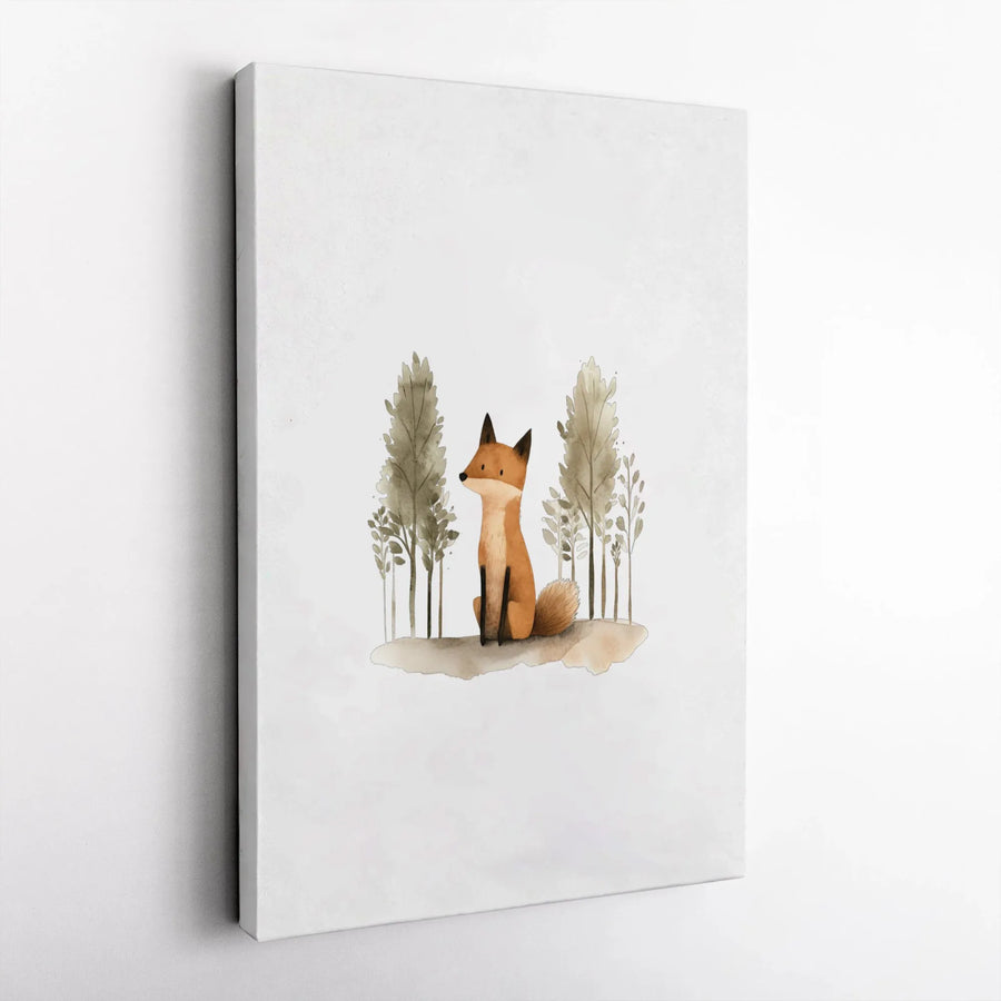 Watercolor Woodland Fox Canvas Art | Minimalist Forest Animal Nursery Decor | Premium Gallery Wrap | Cute Wildlife Wall Print for Kids Room