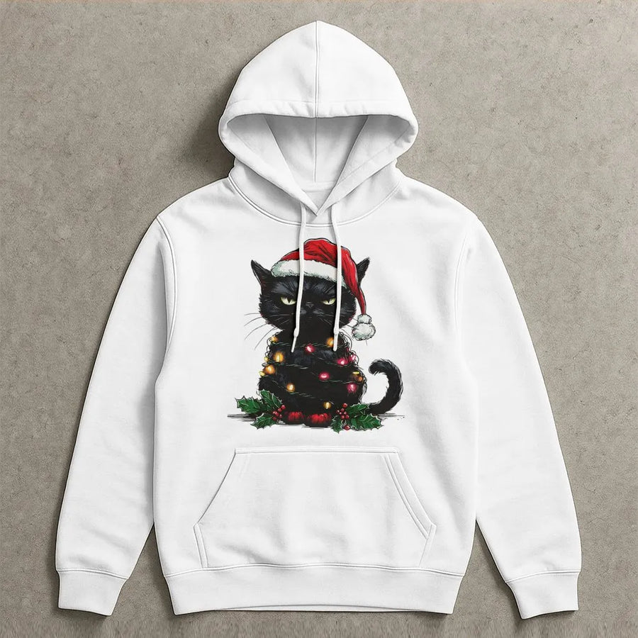 Grumpy Black Cat Christmas Hoodie | Funny Santa Kitten Festive Graphic | Premium Cotton Blend | Gift for Cat Lovers & Holiday Enthusiasts