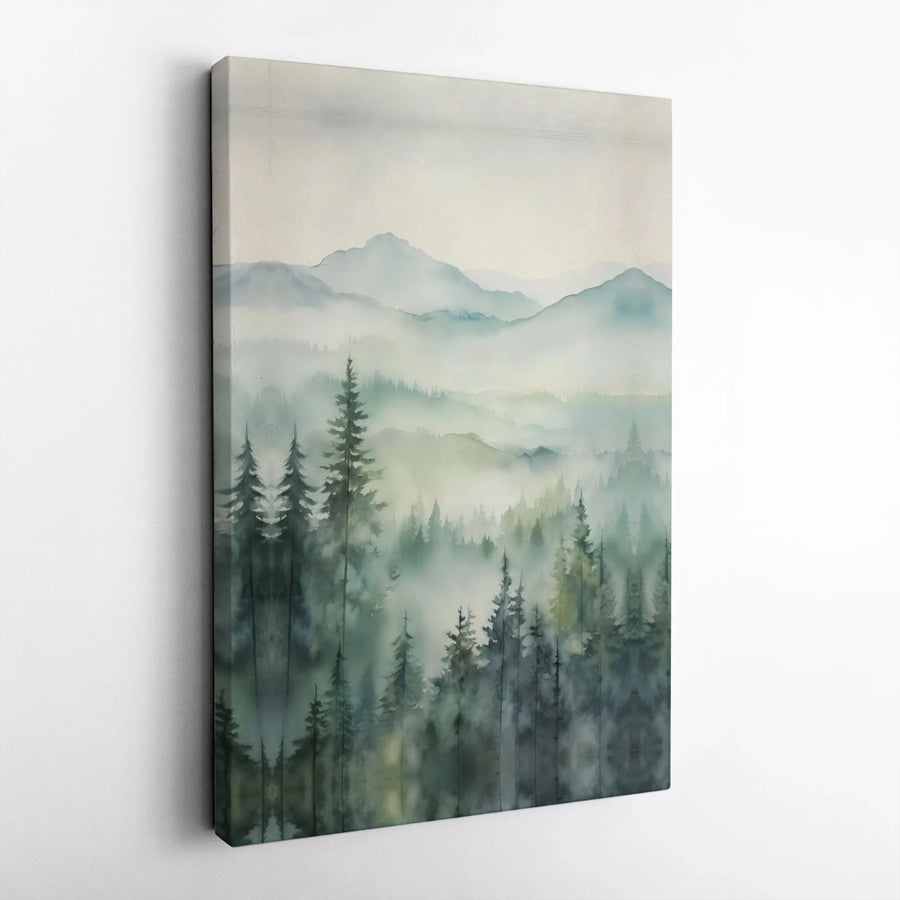 Misty Mountain Forest Canvas Wall Art | Watercolor Pine Tree Landscape | Premium Gallery Canvas Print | Modern Rustic Home Decor Gift