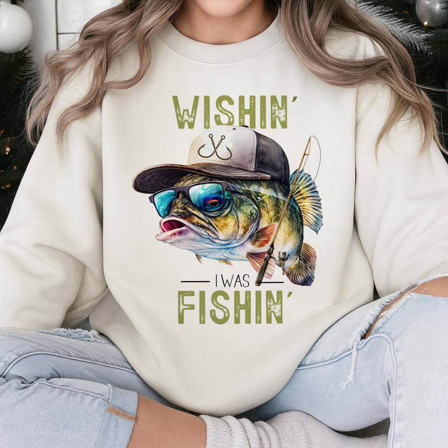 Wishin' I Was Fishin' Sweatshirt | Cool Bass Fishing Graphic | Premium Cotton Blend | Gift for Anglers and Fishing Enthusiasts