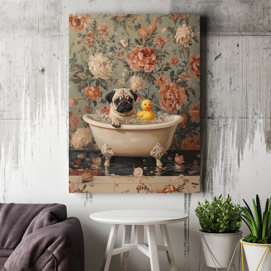 Pug in Bathtub Canvas Wall Art | Vintage Floral Bathroom Decor | Premium Gallery Wrap Print | Whimsical Dog Lover Gift