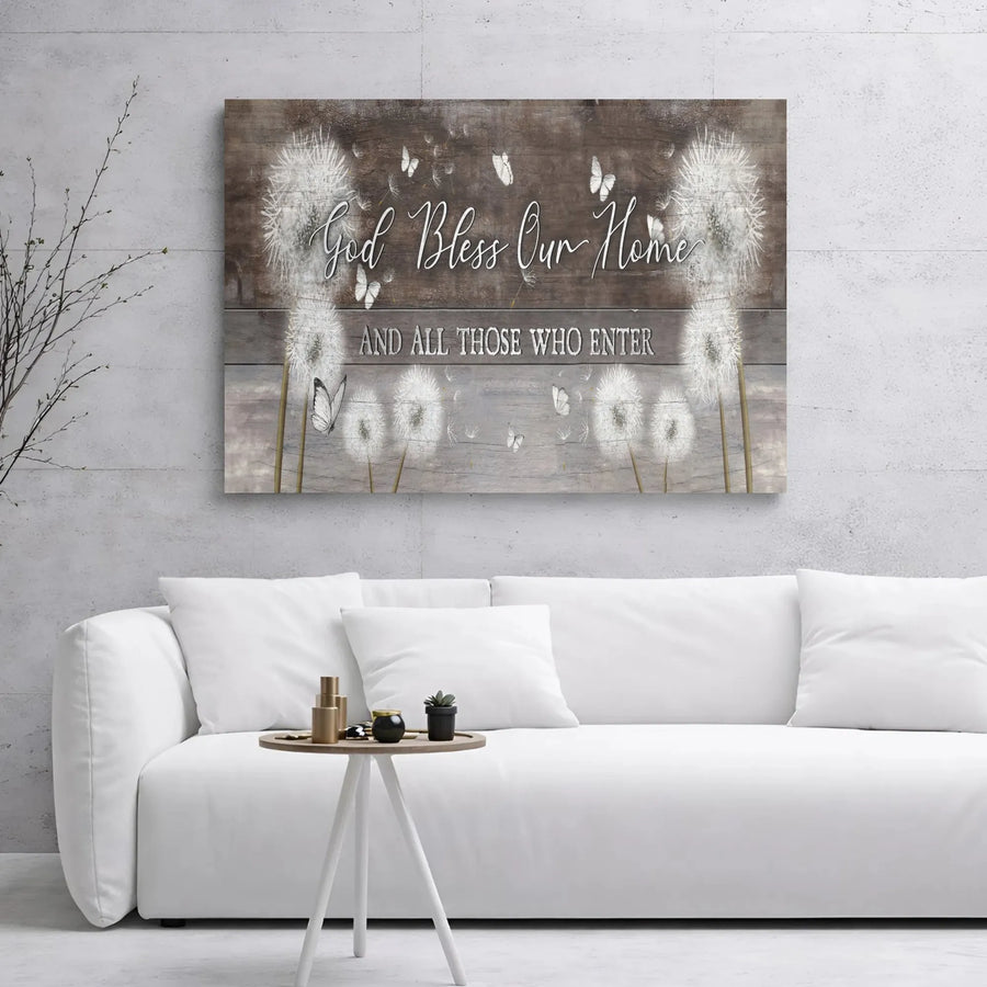 God Bless Our Home Canvas Wall Art | Dandelion And Butterfly Farmhouse Decor | Premium Gallery Wrapped Print | Inspirational Religious Home Gift