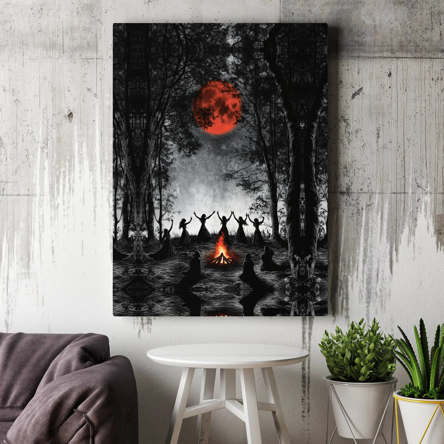 Witch Wall Art Canvas | Coven Dancing Around Bonfire Red Moon Decor | Gallery-Wrapped Premium Print | Gothic Home & Occult Decor Gift