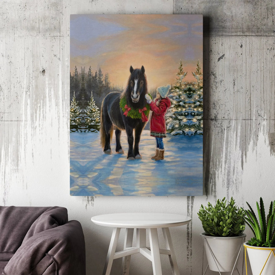 Christmas Horse Canvas Wall Art | Girl With Horse In Winter Snow Decor | Premium Fade-Resistant Print | Holiday Farmhouse Wall Decor Gift