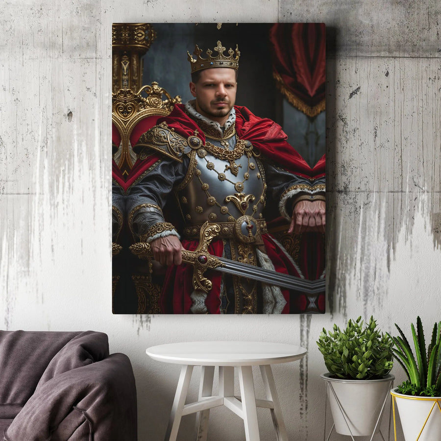 King on Throne Canvas Print | Regal Medieval Knight with Sword | Premium Gallery-Wrapped Wall Art | Majestic Home Office Decor Gift