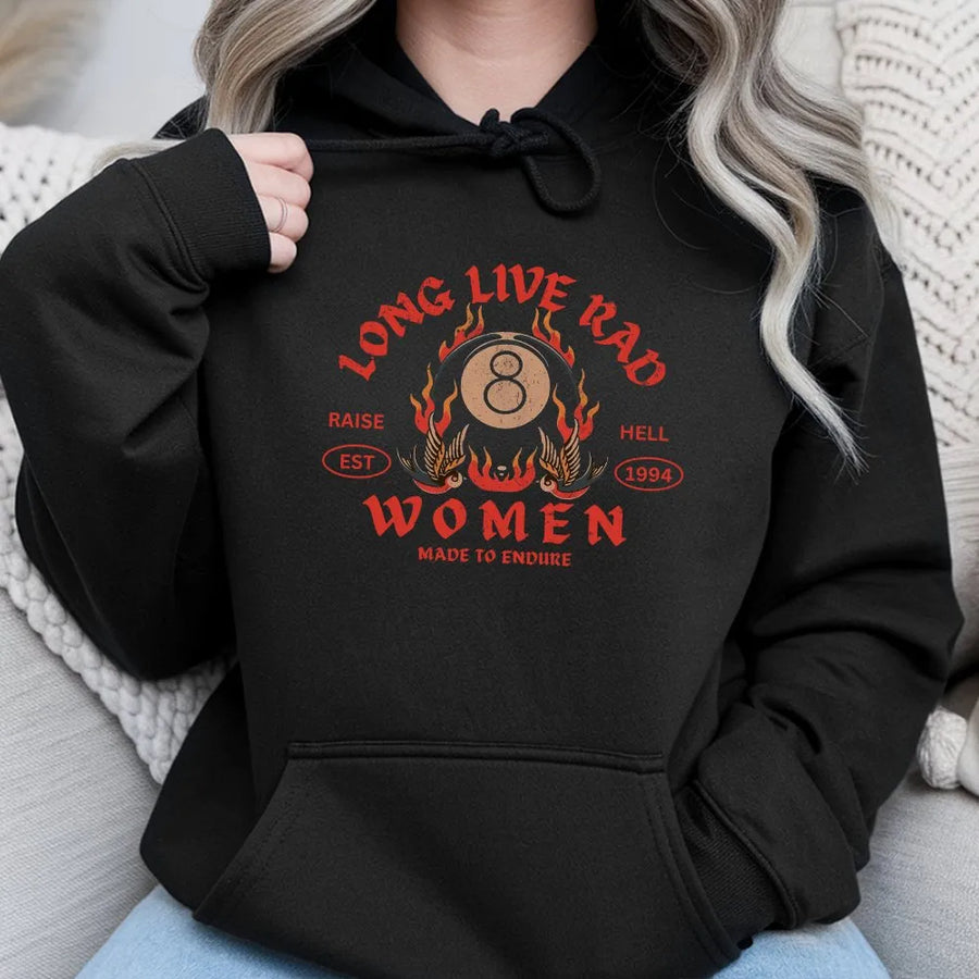 Long Live Rad Women Hoodie | Vintage 8 Ball Fire Graphic | Cotton-Blend Premium Apparel | Retro Y2K Aesthetic Gift for Her