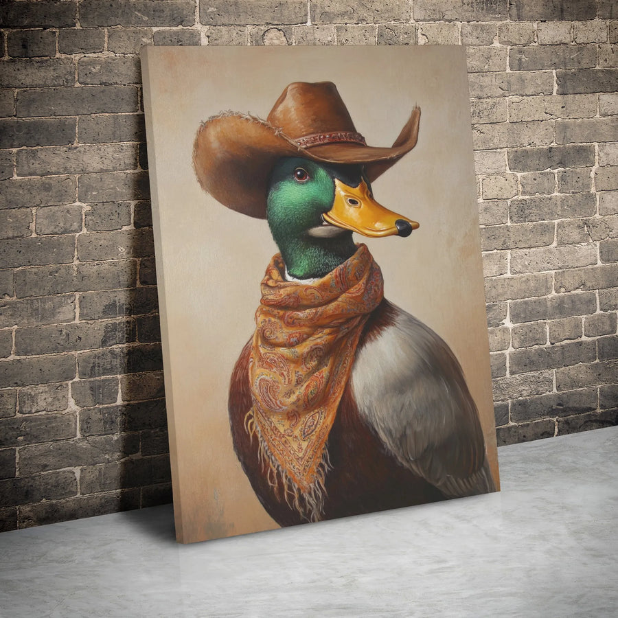 Cowboy Duck Canvas Wall Art | Mallard Bird Western Decor | Premium Gallery Wrap Print | Quirky Rustic Home Office Gift