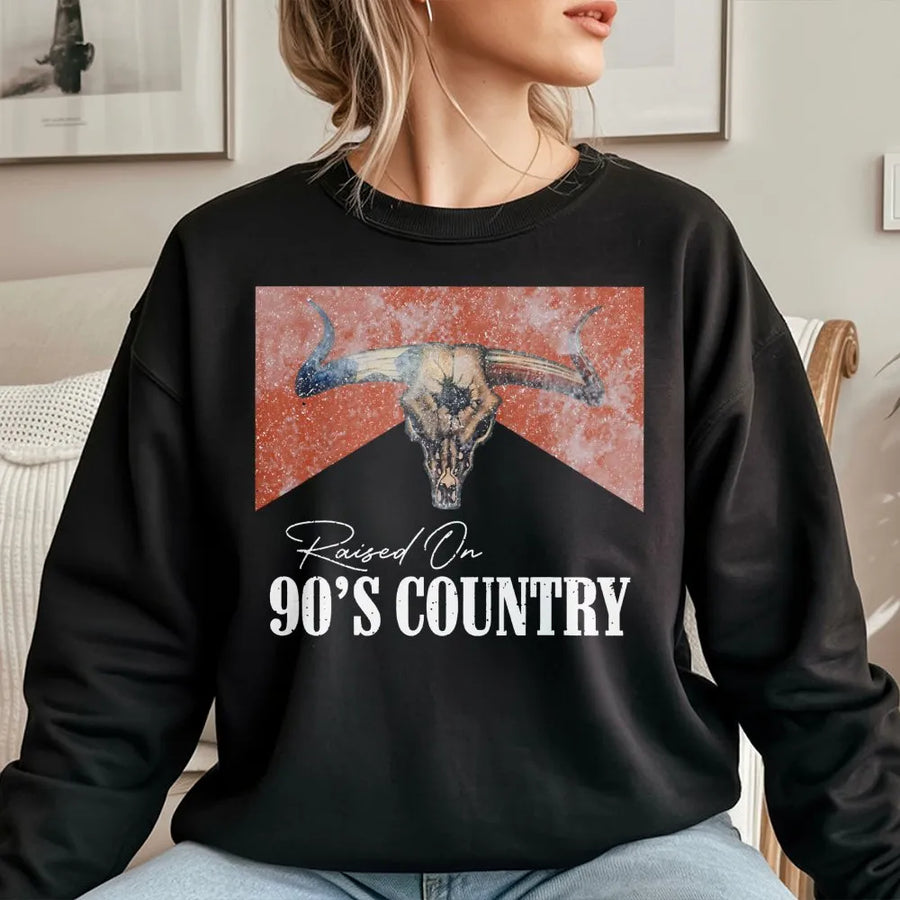 Raised On 90s Country Sweatshirt | Distressed Bull Skull Graphic | Premium Cotton Blend | Vintage Western Concert Outfit Gift for Music Lovers