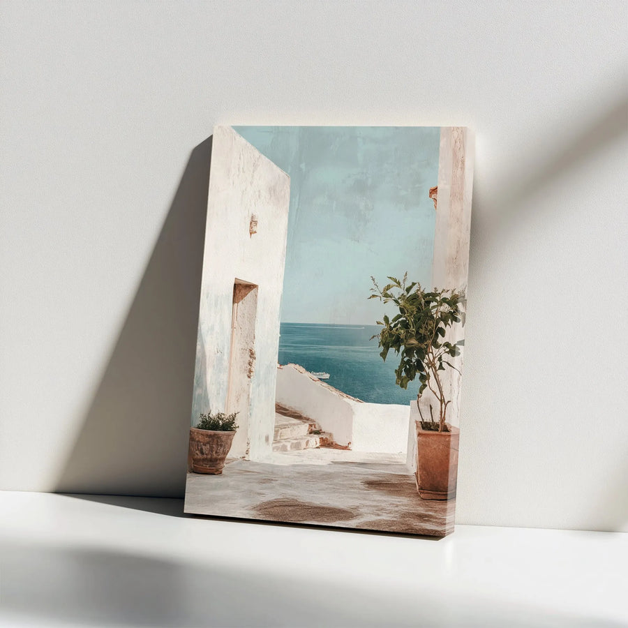 Mediterranean Seascape Vertical Canvas | Greek Island Alleyway with Ocean View | Premium Frameless Print | Coastal Home Decor Gift