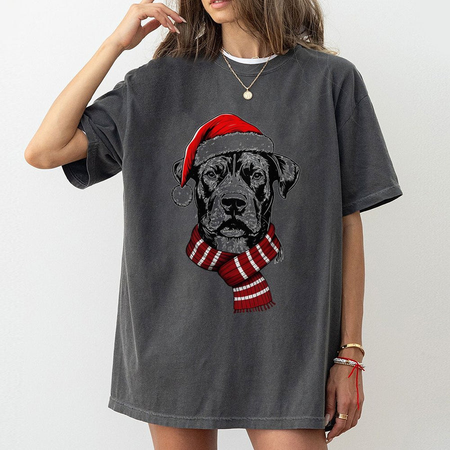 Christmas Dog T-Shirt | Festive Santa Hat and Scarf Graphic | 100% Cotton Premium Tee | Holiday Gift for Dog Lovers Men and Women