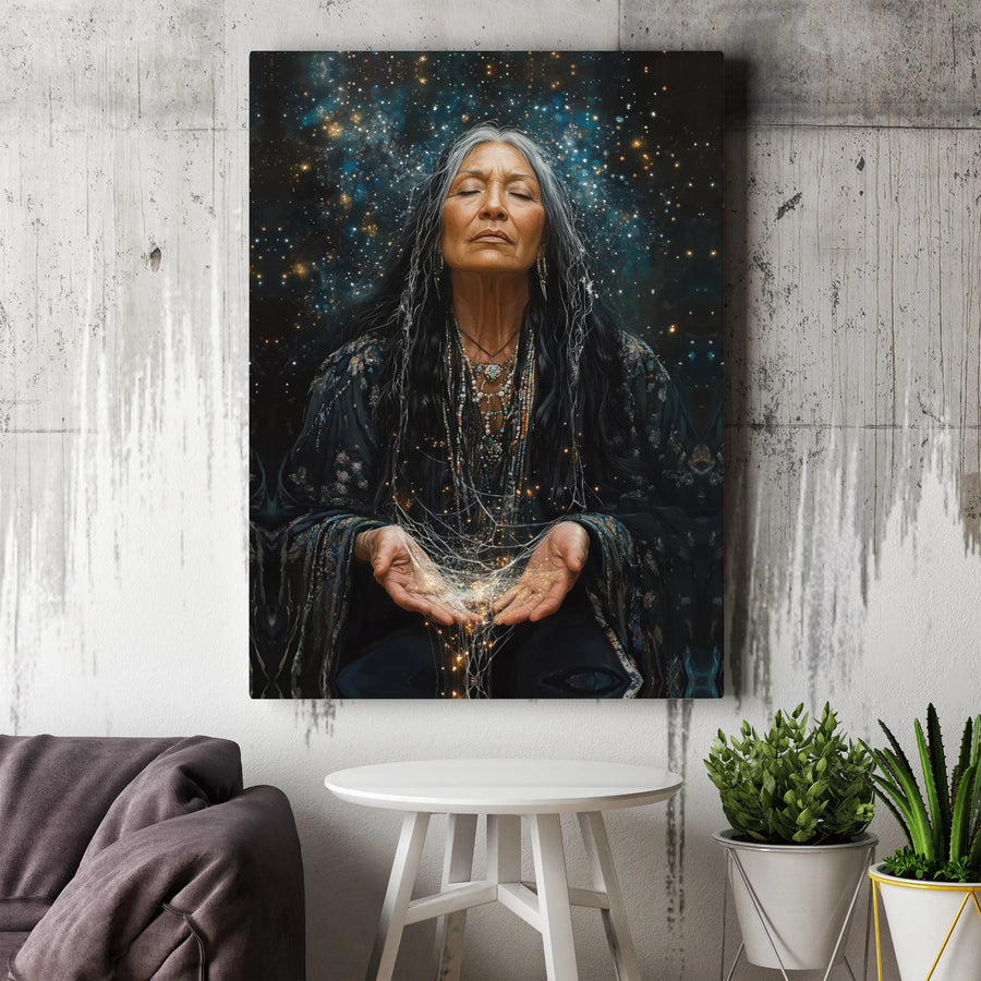 Spiritual Native American Woman Wall Art | Cosmic Stardust Galaxy Portrait | Premium Gallery Wrapped Canvas | Bohemian Meditation Home Decor Gift