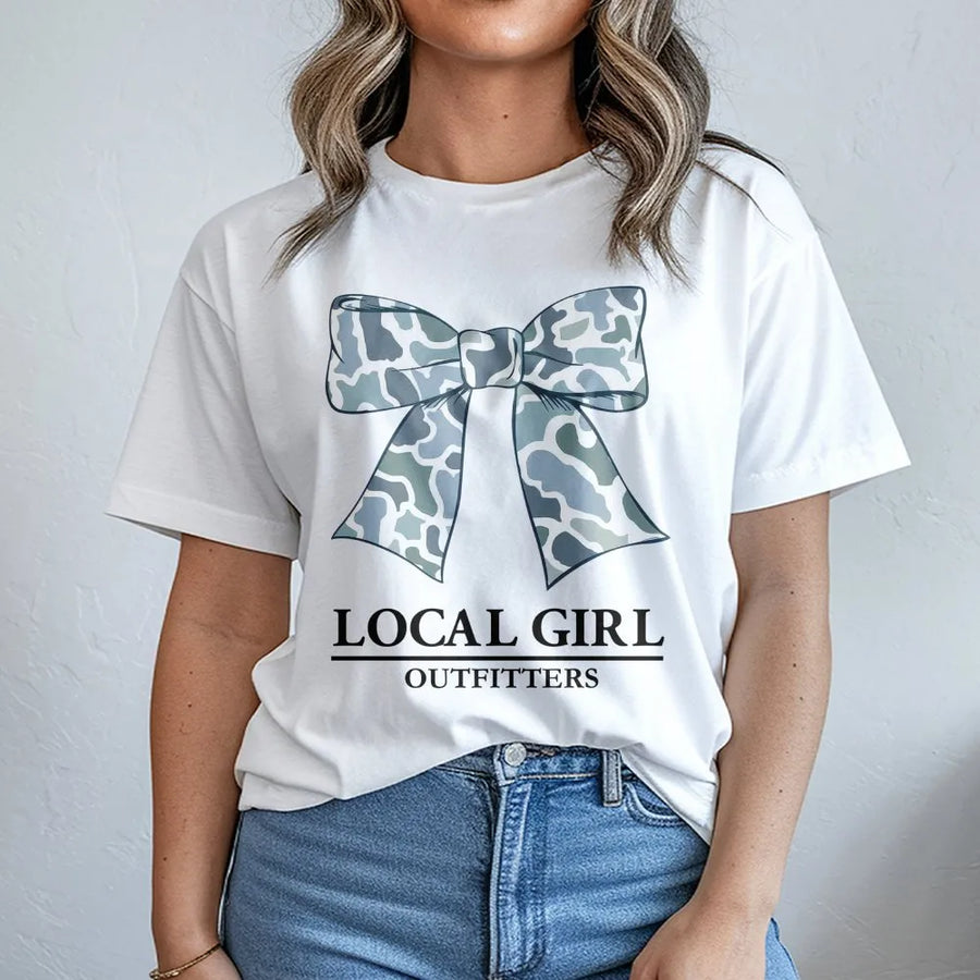Camo Bow Graphic T-Shirt | Trendy Southern Preppy Aesthetic | Premium Soft Cotton Blend | Cute Gift For Her & Local Outfit Enthusiasts