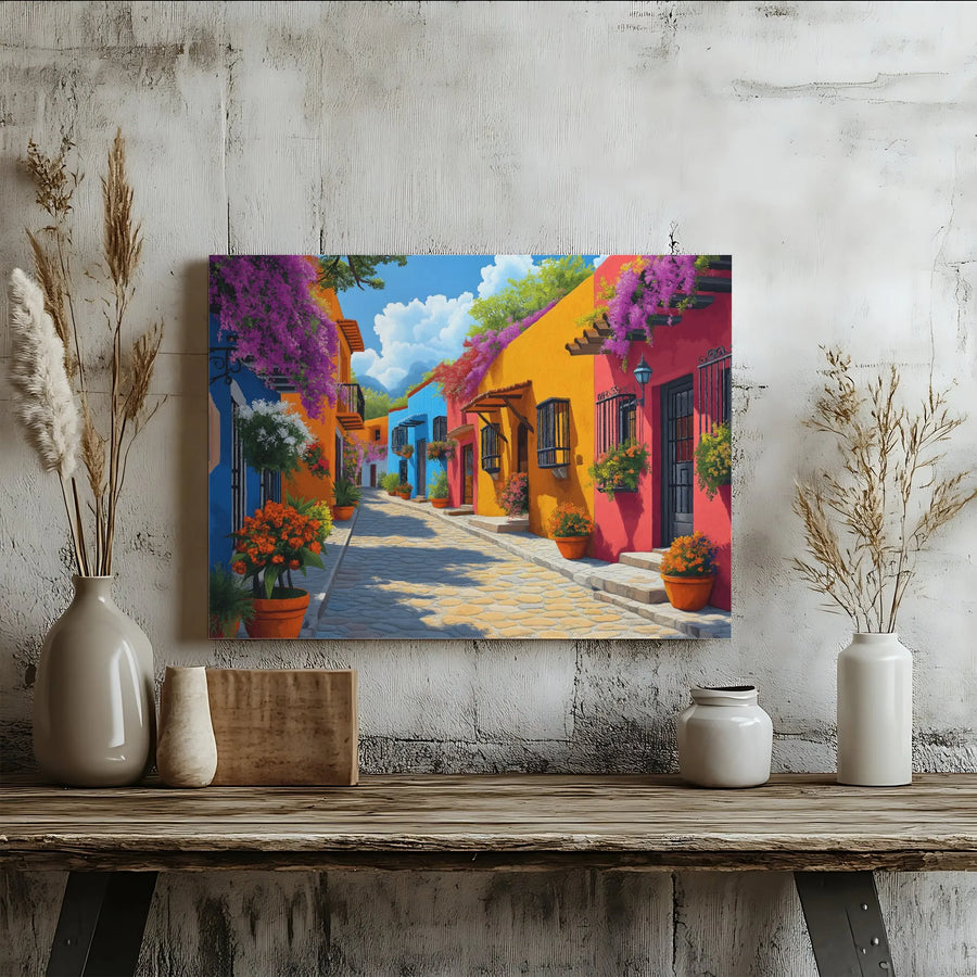 Colorful Mexican Village Canvas Print | Vibrant Cobblestone Street Decor | Premium 1.25-inch Gallery Wrap | Mediterranean Wall Art for Home