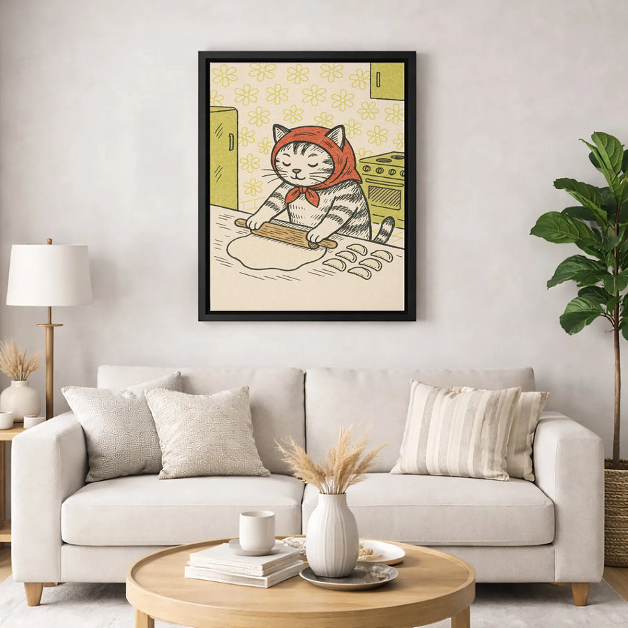 Vintage Cat Kitchen Wall Art | Whimsical Babushka Dumpling Chef | Premium Gallery Wrap Canvas | Unique Gift For Cat Lovers & Home Decor