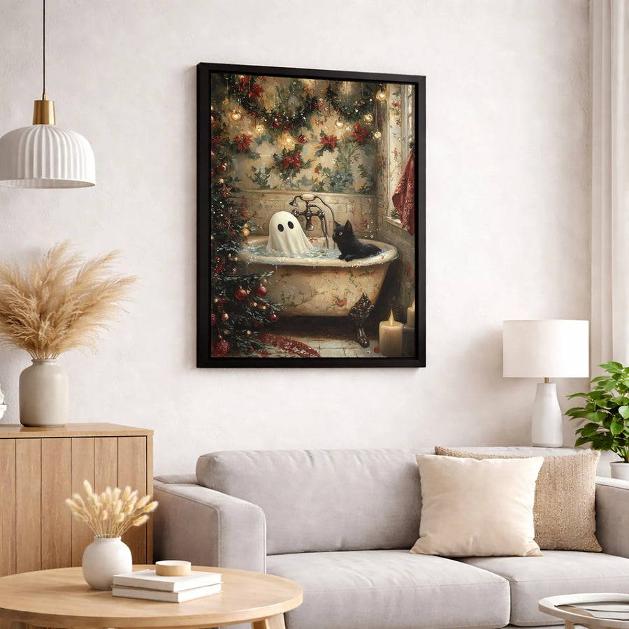 Ghost and Black Cat Christmas Canvas | Whimsical Holiday Bathtub Art | Premium Fade-Resistant Print | Spooky Festive Wall Decor Gift