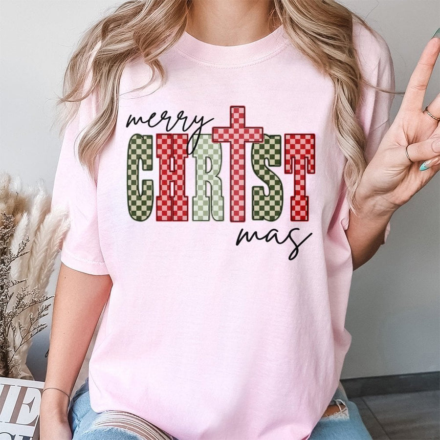 Merry Christmas T-Shirt | Checkered Cross Religious Graphic | 100% Cotton Premium Tee | Christian Holiday Gift for Women and Men