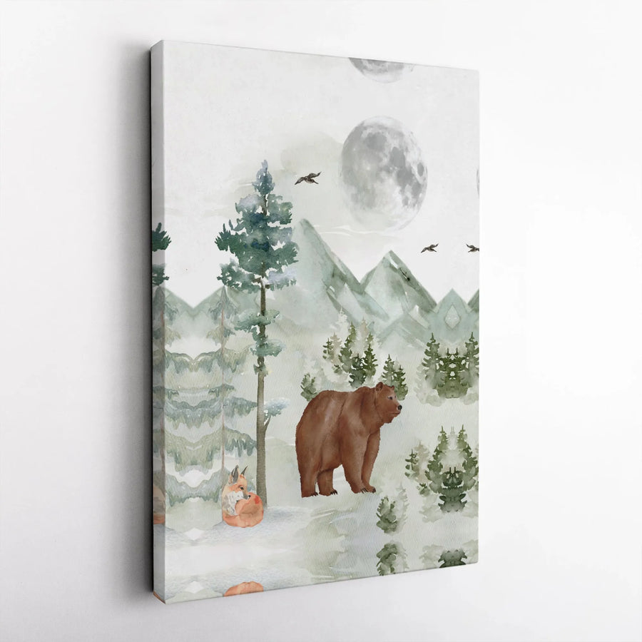 Watercolor Woodland Bear And Fox Canvas | Snowy Mountain Forest Nursery Wall Art | Premium Gallery Wrapped Decor | Mountain Cabin Gift