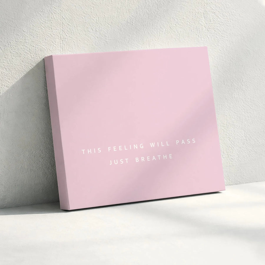 Mental Health Quote Horizontal Canvas | This Feeling Will Pass Just Breathe Pink Wall Art | Premium 1.25" Gallery Wrap Print | Calming Mindfulness Gift for Bedroom Therapy Office
