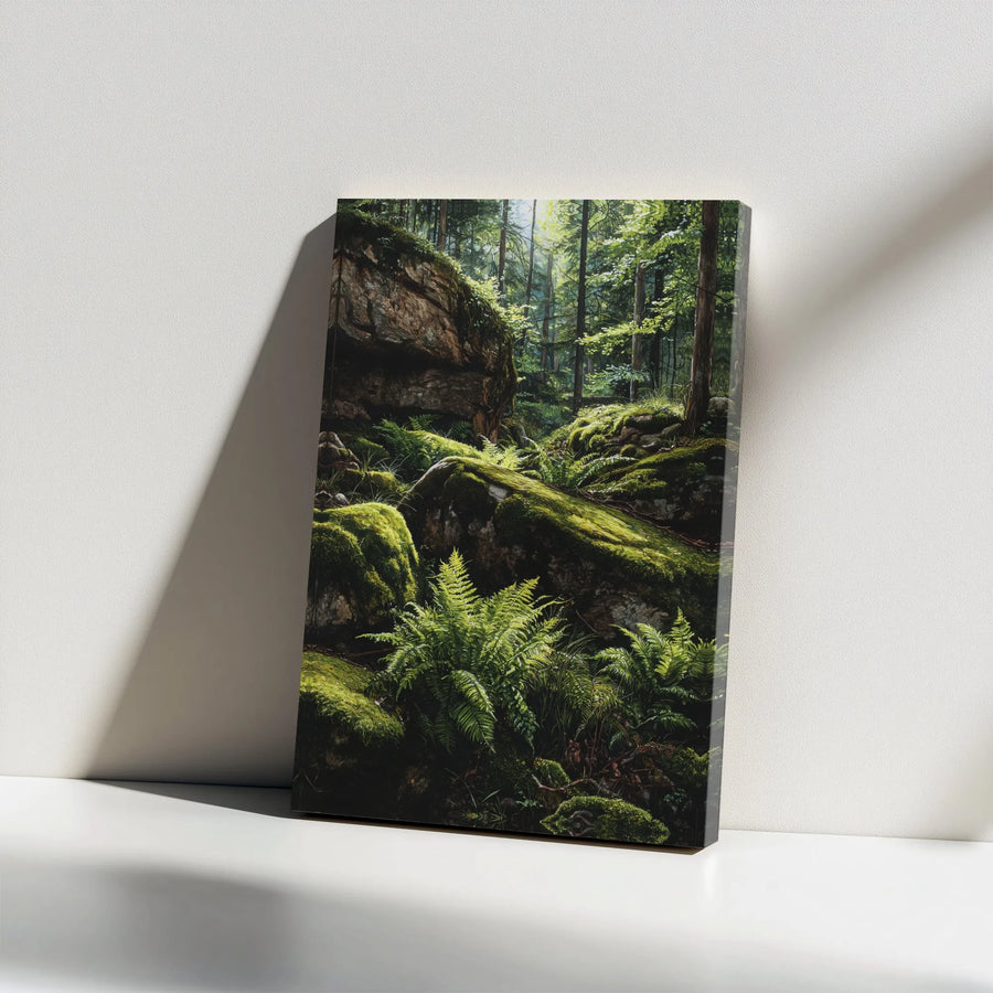 Mossy Forest Canvas Wall Art | Sunlit Woodland Scene with Lush Ferns | Premium Fade-Resistant Canvas | Nature Lover Gift for Living Room