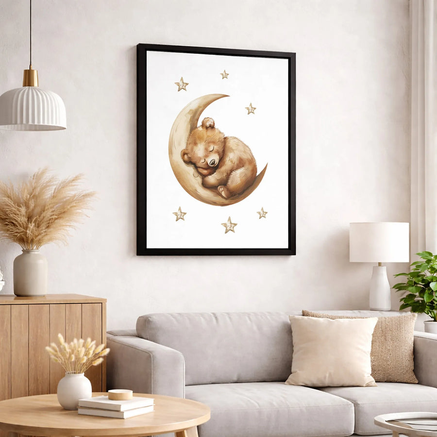 Sleeping Bear on Moon Canvas Wall Art | Watercolor Nursery Decor | 1.25-Inch Premium Gallery Wrap | Baby Shower Gift for Boys or Girls
