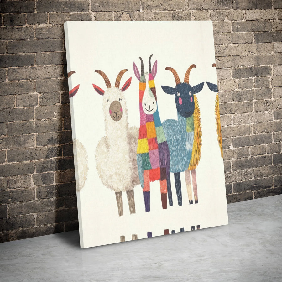 Llama And Goat Wall Art | Colorful Patchwork Whimsical Animal Illustration | Premium Gallery Wrap Canvas | Nursery Or Farmhouse Decor Gift