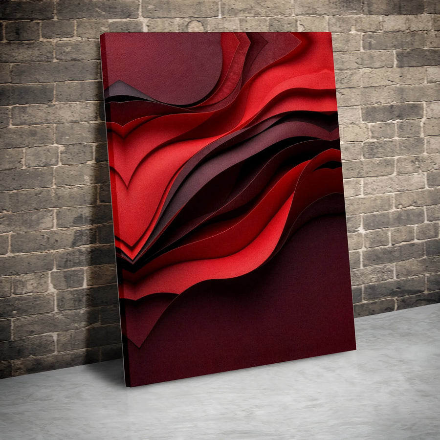 Abstract Red Waves Canvas Art | 3D Layered Paper Effect Print | Premium Gallery Wrapped Canvas | Modern Statement Art for Living Room