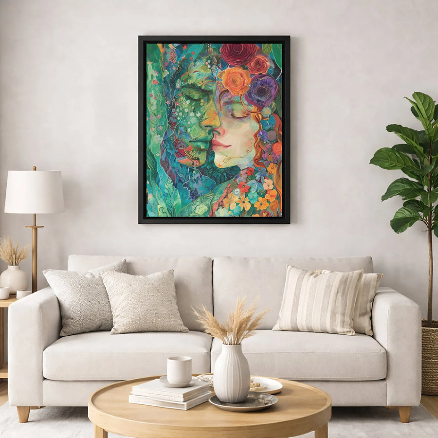 Surreal Floral Couple Canvas Wall Art | Nature Merging Portraits | 1.25" Premium Gallery Wrapped | Romantic Home Decor Gift