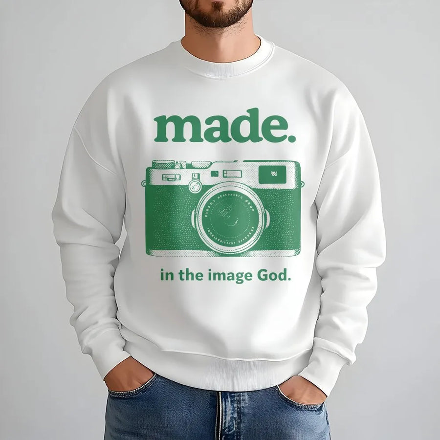 Made In The Image Of God Sweatshirt | Vintage Camera Graphic Tee | Premium Cotton Blend | Faith-Based Religious Gift For Believers