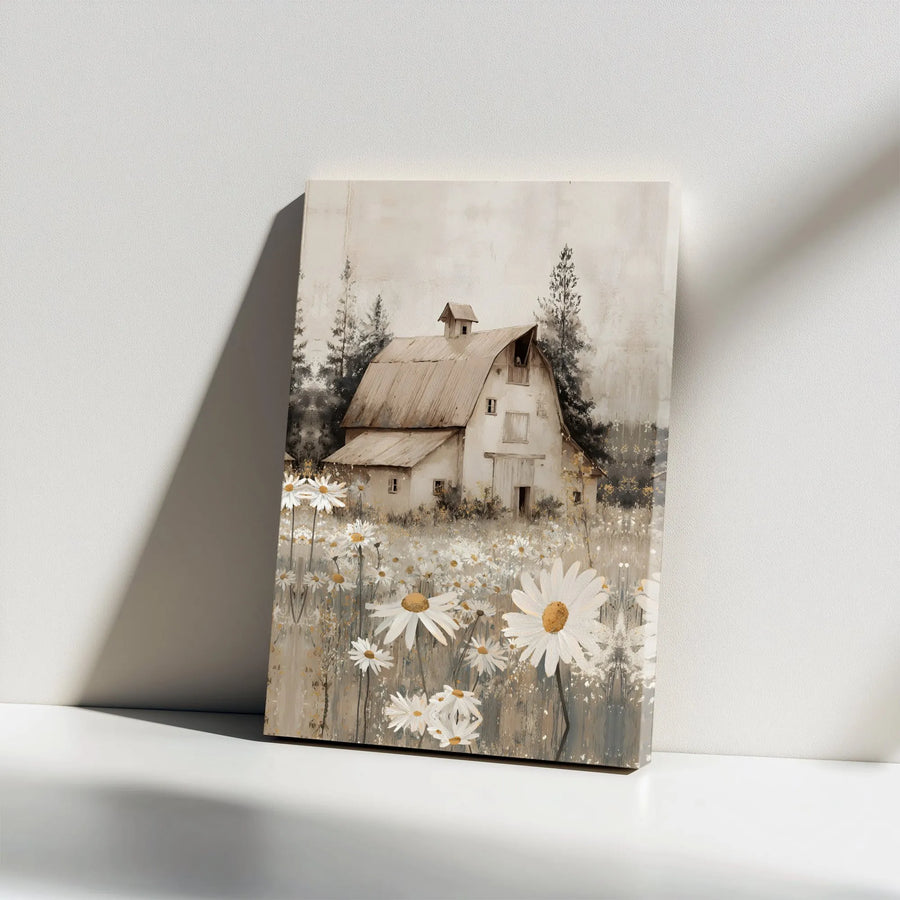 Rustic Barn Canvas Wall Art | Daisy Field Country Landscape | Premium Gallery Wrapped Print | Farmhouse Kitchen Decor Gift