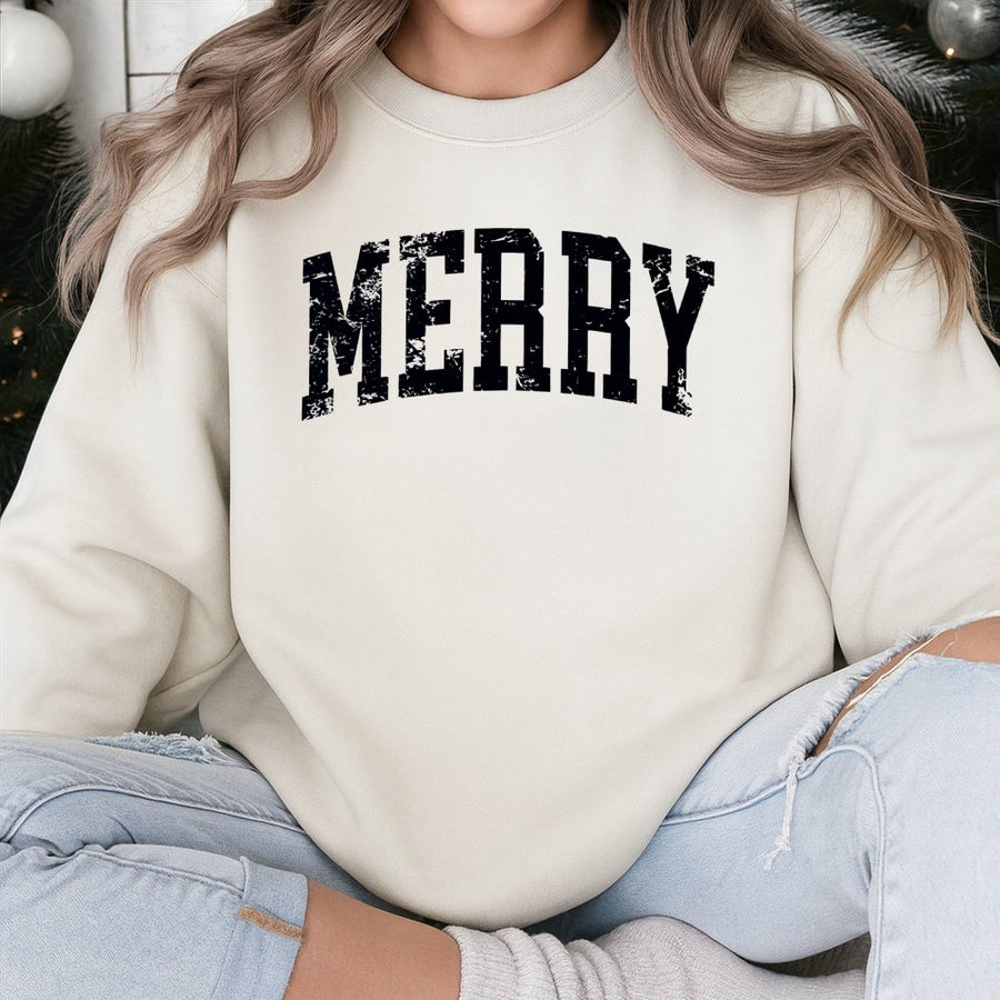Merry Christmas Sweatshirt | Retro Varsity Font Holiday Pullover | Soft Cotton Blend Crewneck | Unisex Seasonal Gift for Family and Friends