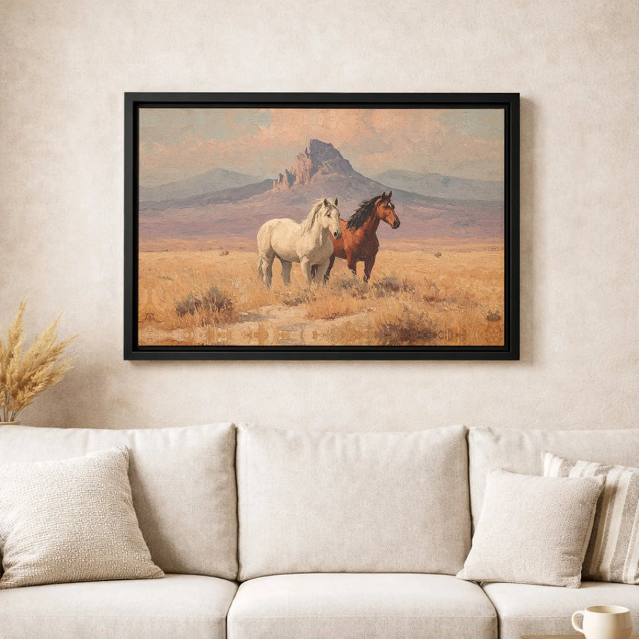 Western Horse Landscape Canvas Wall Art | Mountain Butte Desert Scene | Gallery Quality Print | Premium Ranch Decor Gift for Home Office
