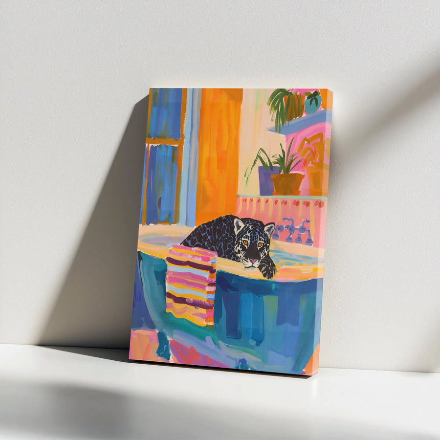 Black Jaguar Canvas Wall Art | Colorful Maximalist Bathtub Painting | Premium Gallery Wrapped Decor | Whimsical Animal Portrait for Home Office
