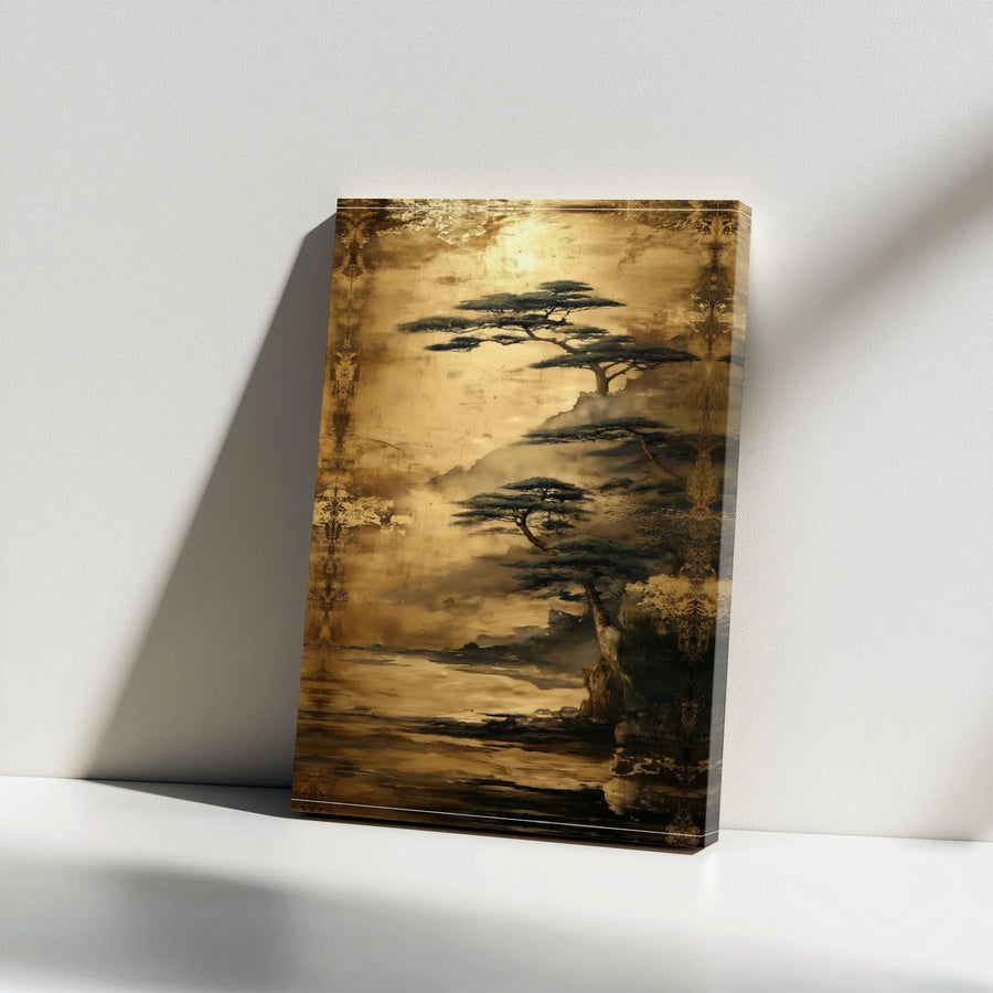 Japanese Pine Tree Canvas Wall Art | Vintage Sumi-e Ink Wash Painting | Premium Frameless Print | Zen Home Decor Gift for Living Room