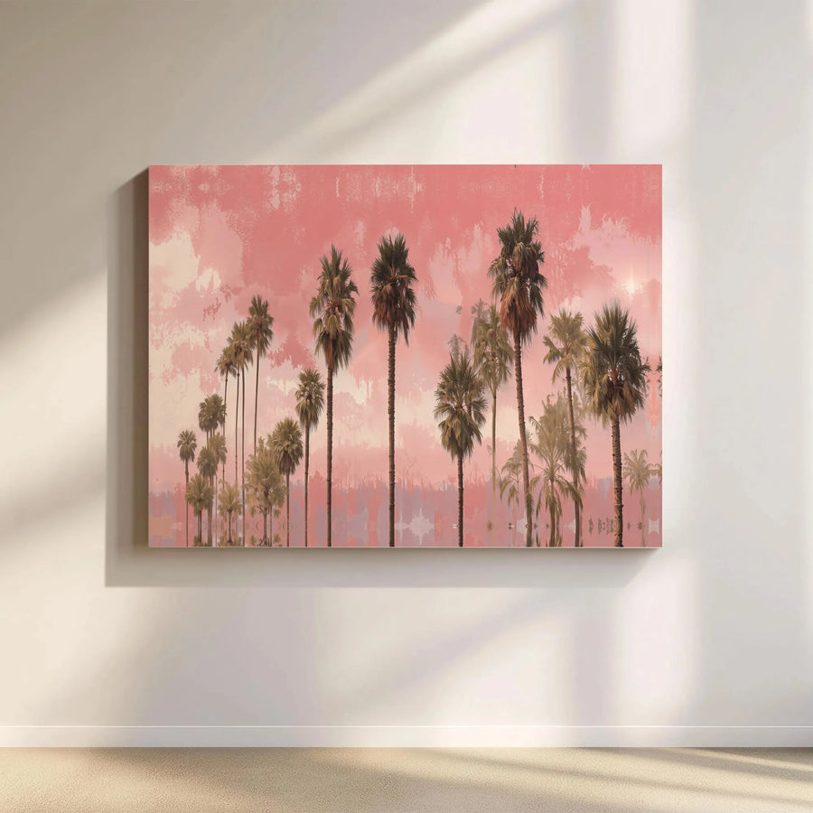 Palm Tree Canvas Wall Art | Retro Tropical Landscape with Pink Sky | Premium Gallery Wrapped Canvas | Boho Coastal Living Room Decor