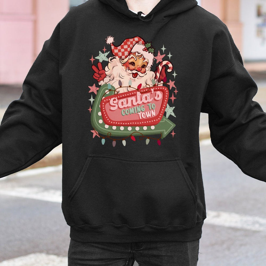 Retro Santa Hoodie | Santa’s Coming To Town Graphic Print | Premium Cotton-Blend | Festive Christmas Gift for Holiday Lovers