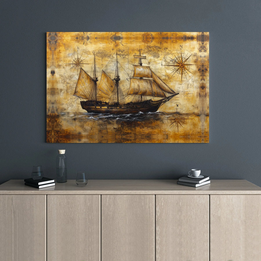 Nautical Sailing Ship Canvas Wall Art | Vintage Old World Map & Compass Design | Premium 1.25 Inch Gallery Wrap | Coastal Home Decor Gift