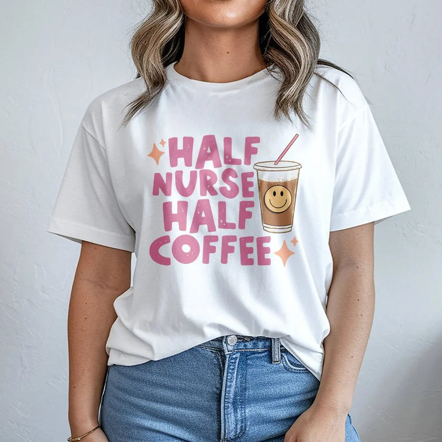 Half Nurse Half Coffee T-Shirt | Funny Nurse Life Graphic Sweatshirt | Cozy Cotton-Poly Fleece | Premium Gift for RN ER Nursing Student