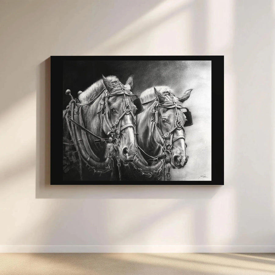Draft Horses Canvas Wall Art | Charcoal Sketch Farmhouse Decor | Premium Gallery Wrap Print | Horse Lover Equestrian Gift
