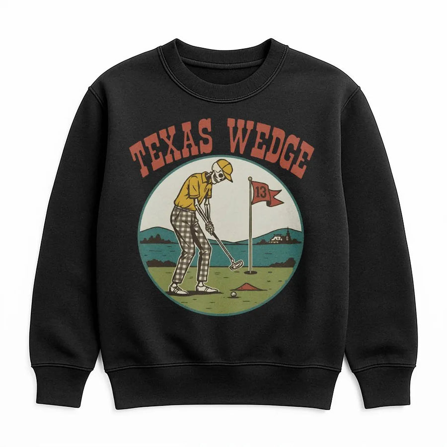 Texas Wedge Golf Sweatshirt | Vintage Skeleton Golfer Graphic | Premium Cotton Blend Crewneck | Funny Golf Gift for Men and Women