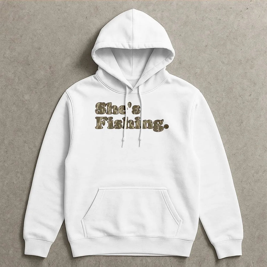 She's Fishing Hoodie | Camo Print Text Design | Soft Cotton-Polyester Blend | Trendy Outdoor Gift for Women Who Fish