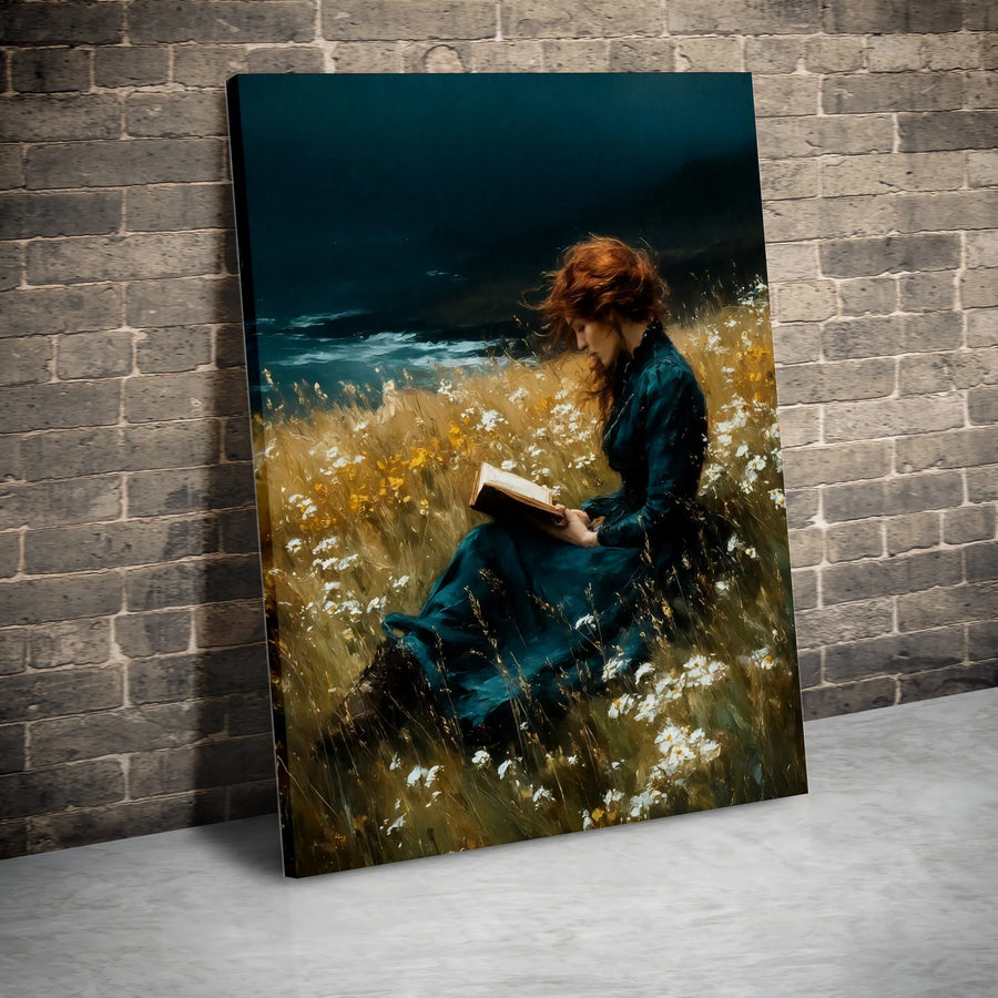 Woman Reading Book in Wildflower Field Canvas Wall Art | Moody Impressionist Landscape | Premium Gallery Wrapped | Gift for Book Lovers