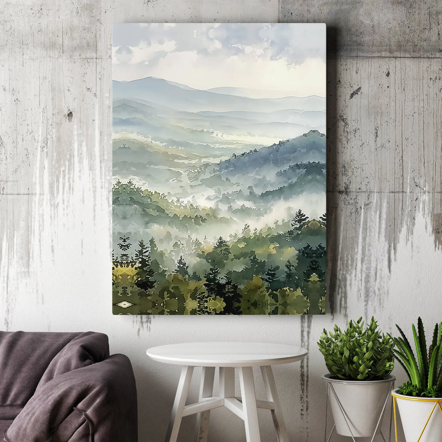 Misty Mountain Canvas Print | Watercolor Foggy Forest Landscape | Premium Gallery Wrapped Wall Art | Modern Farmhouse Decor Gift for Nature Lover