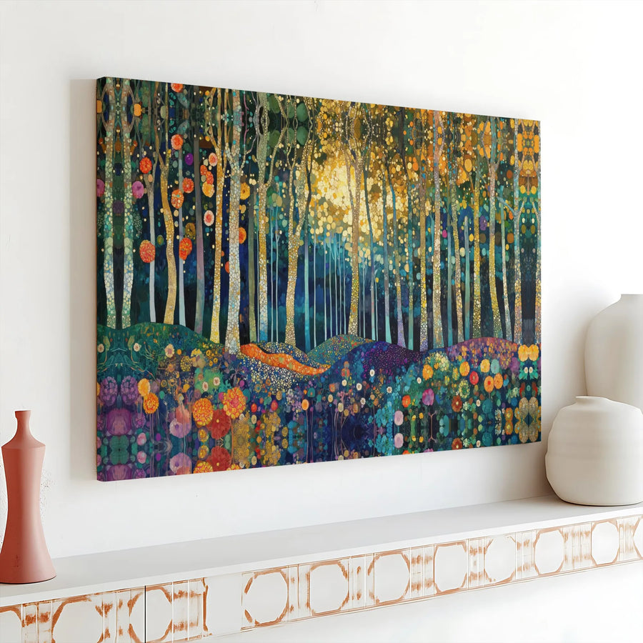 Enchanted Forest Horizontal Canvas | Vibrant Mosaic Style Tree & Wildflower Meadow Art | Premium 1.25 In Gallery Wrap | Whimsical Nature Wall Decor for Living Room