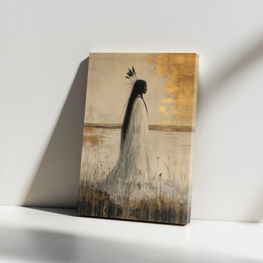 Native American Woman Canvas Art | Abstract Portrait with Gold Accent | Premium Fade-Resistant Print | Collector's Southwestern Home Decor Gift