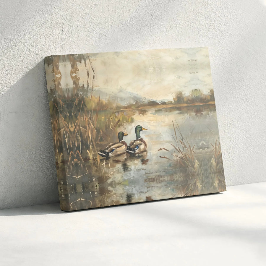 Mallard Duck Pond Canvas Wall Art | Vintage Style Nature Landscape | Premium Fade-Resistant Gallery Wrap | Rustic Home & Office Decor