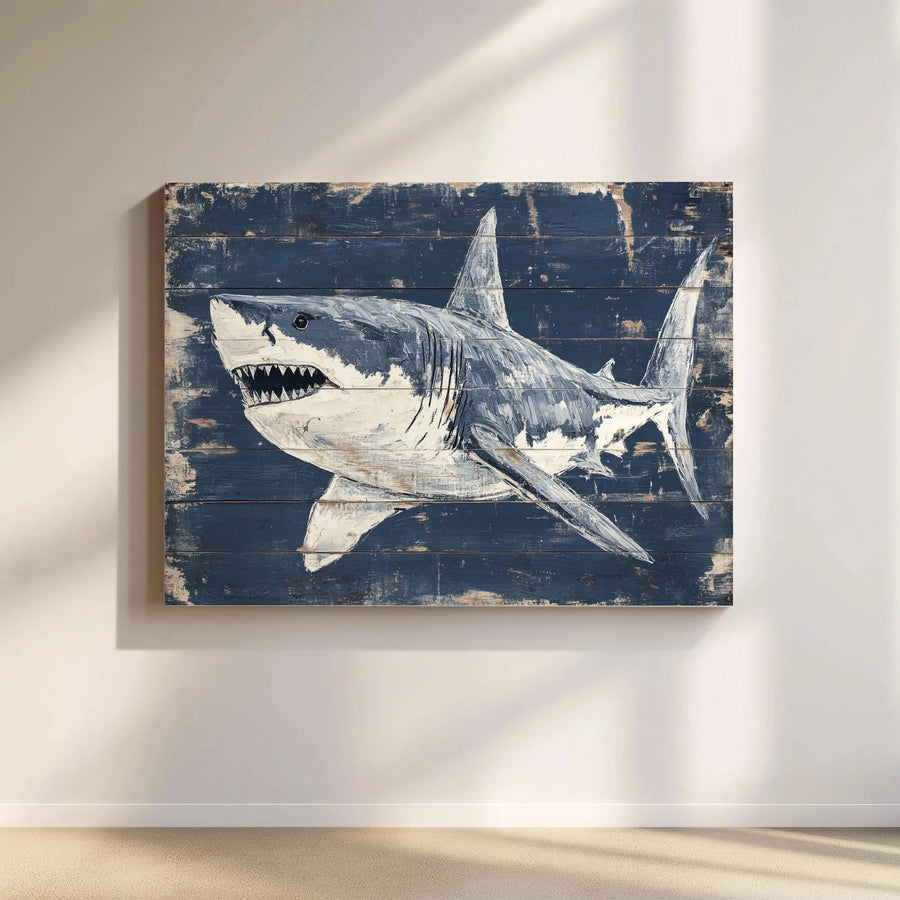 Great White Shark Wall Art | Rustic Nautical Coastal Decor | Premium Gallery Wrap Canvas | Ocean Animal Lover Gift