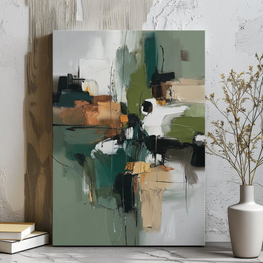 Abstract Green Canvas Wall Art | Modern Sage and Beige Brushstroke Print | Premium Gallery Wrapped Canvas | Minimalist Home Office Decor Gift